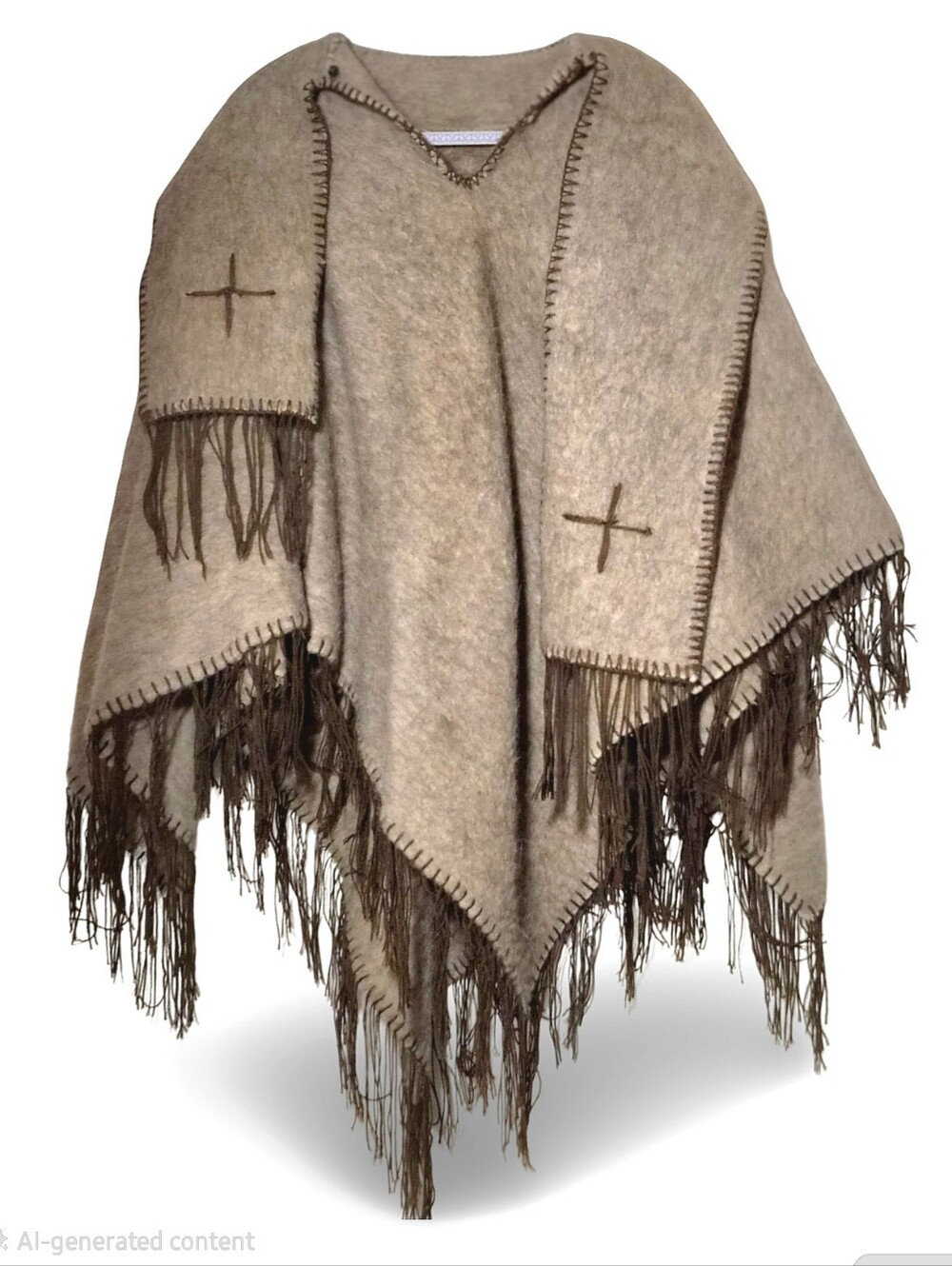 Andean Wool Pullover Poncho OS Attached Scarf Cross Motif Fringed